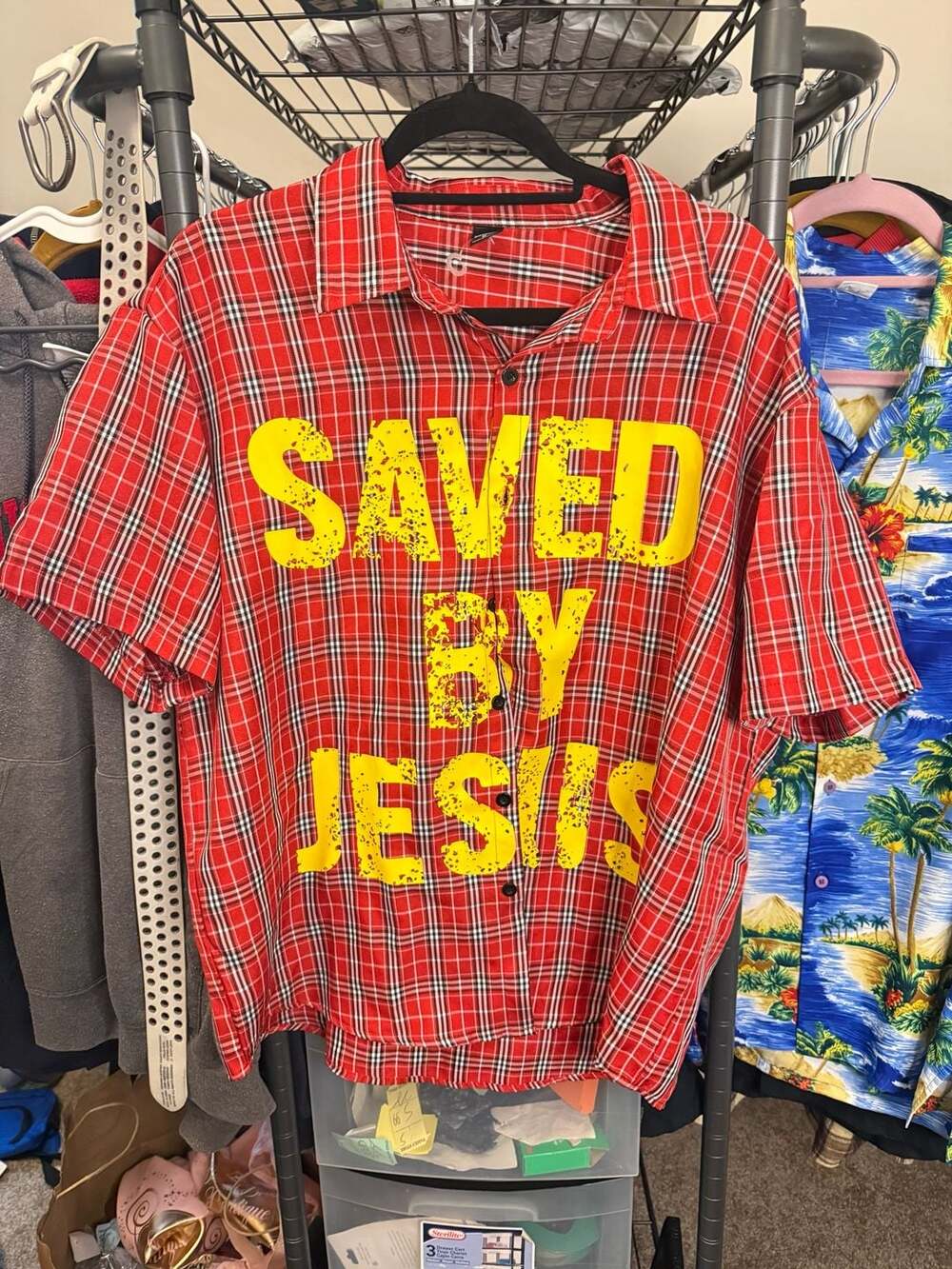 Manfinity Red Plaid 'Saved By Jesus' Graphic Button-Up Short Sleeve Shirt